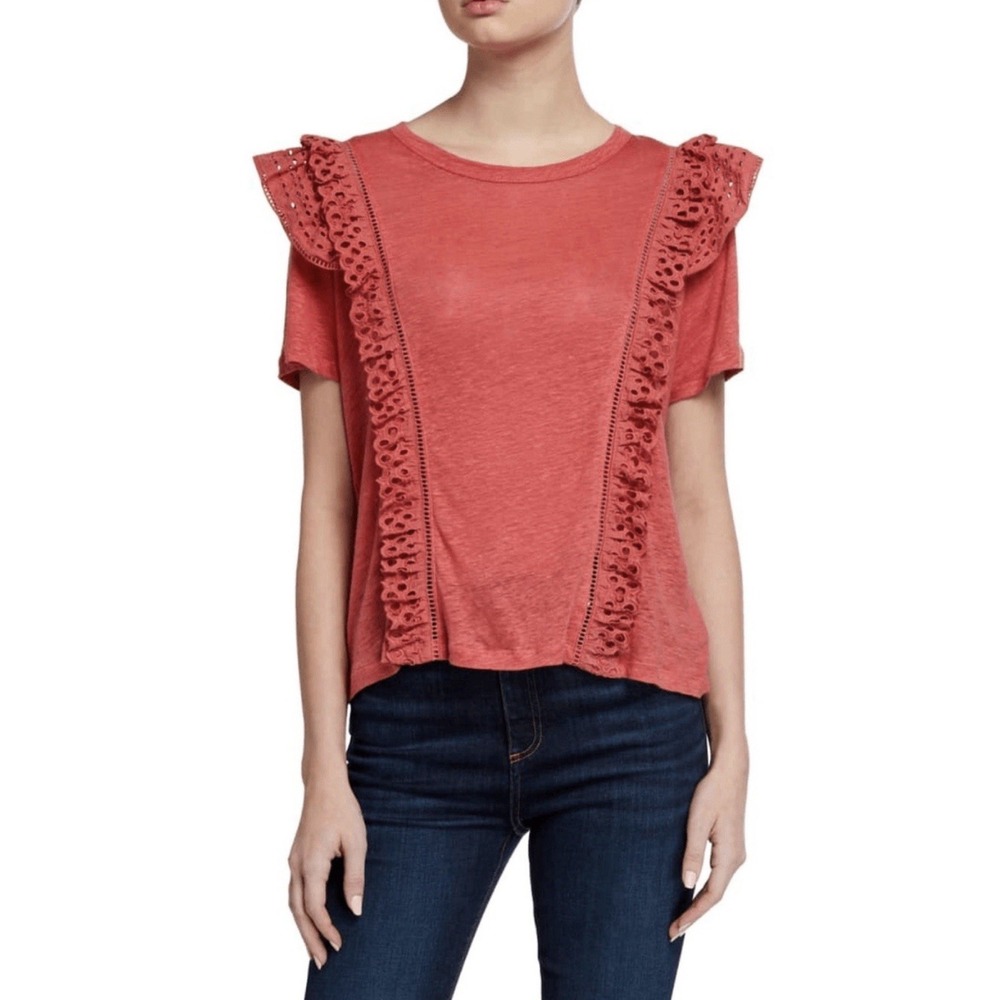 Veronica Beard Prema Eyelet Tee Linen Crewneck Top XS Faded White Boho Shirt